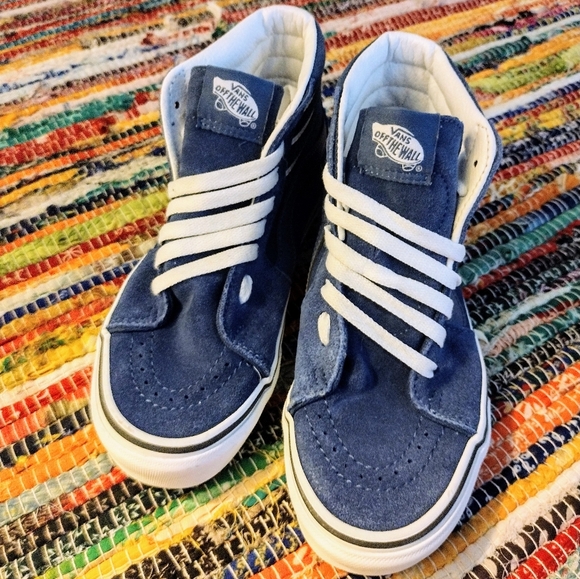 2 Pair VANS Red White Blue Old Skool Hi Tops Kids Women's 3.5 Mens 5 EUC - Picture 1 of 9